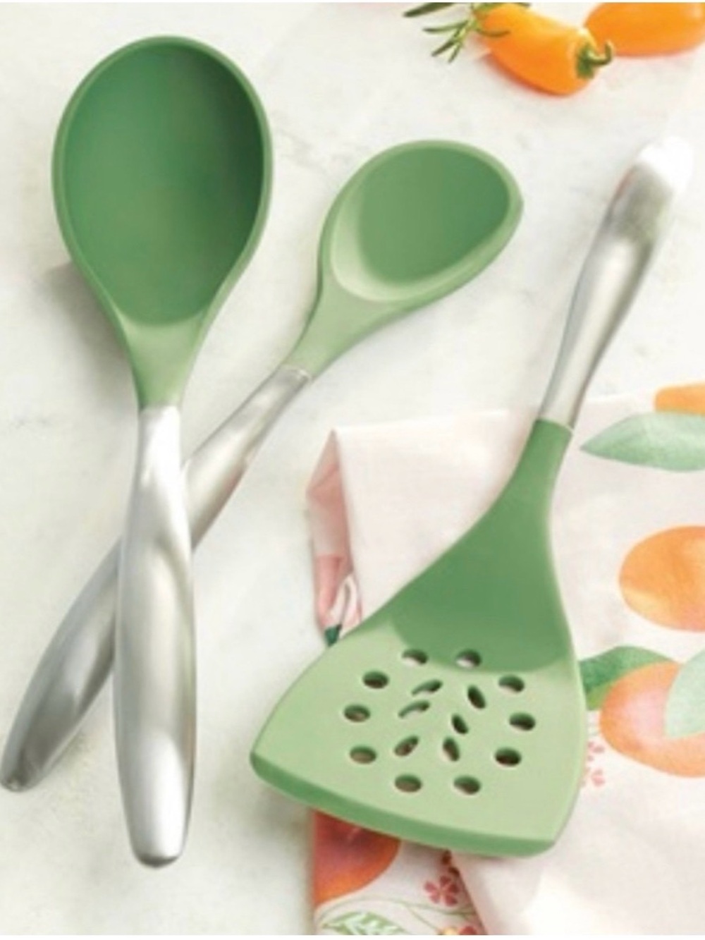 Green Silicone Kitchen Utensil Set with Silver Handles